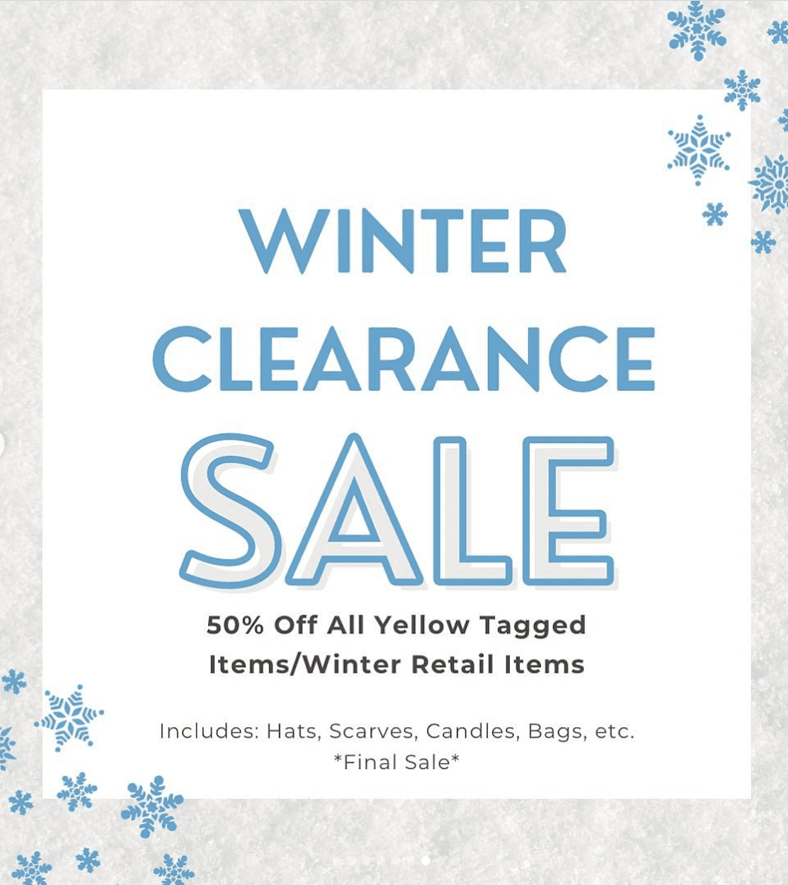 Winter Clearance Sale poster with details on discounted items and snowflake border.