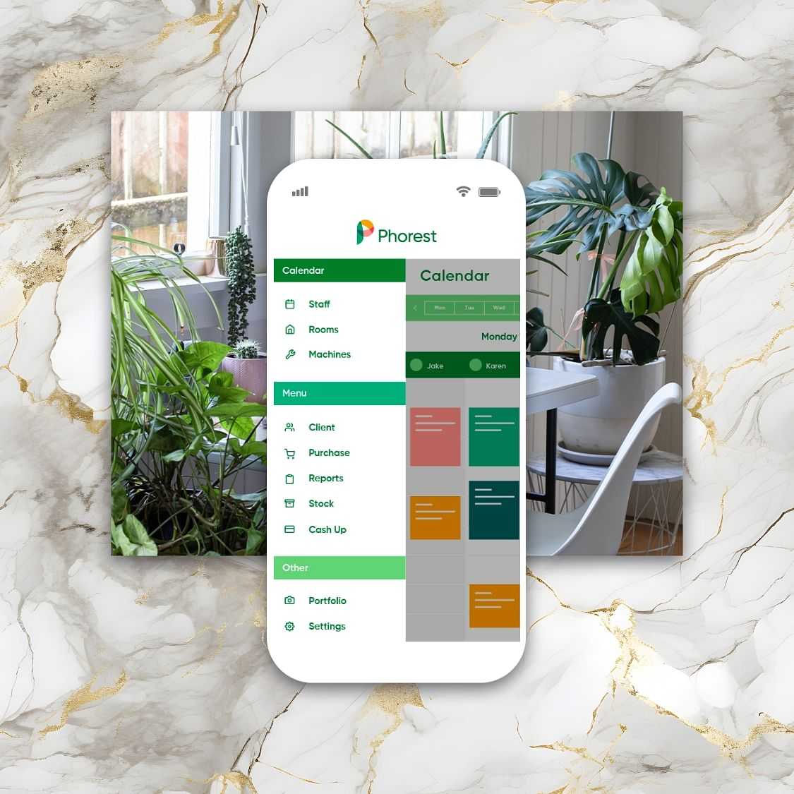 Mobile app with a calendar displayed over a background of a modern, plant-filled room.