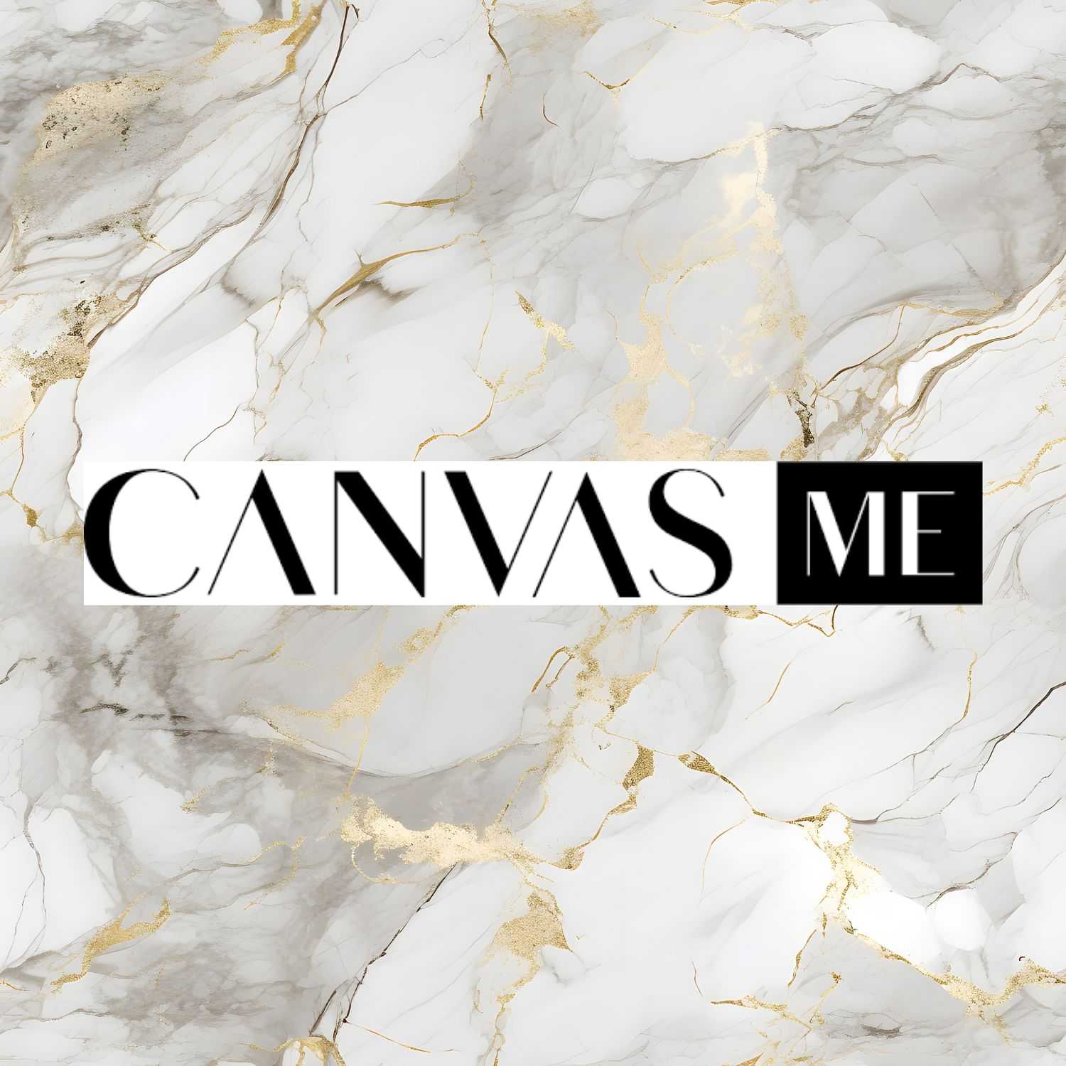Marble background with gold veins and the text "CANVAS ME" in black font.