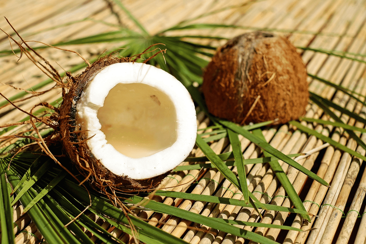 Open coconut halves on a bamboo mat with green leaves.