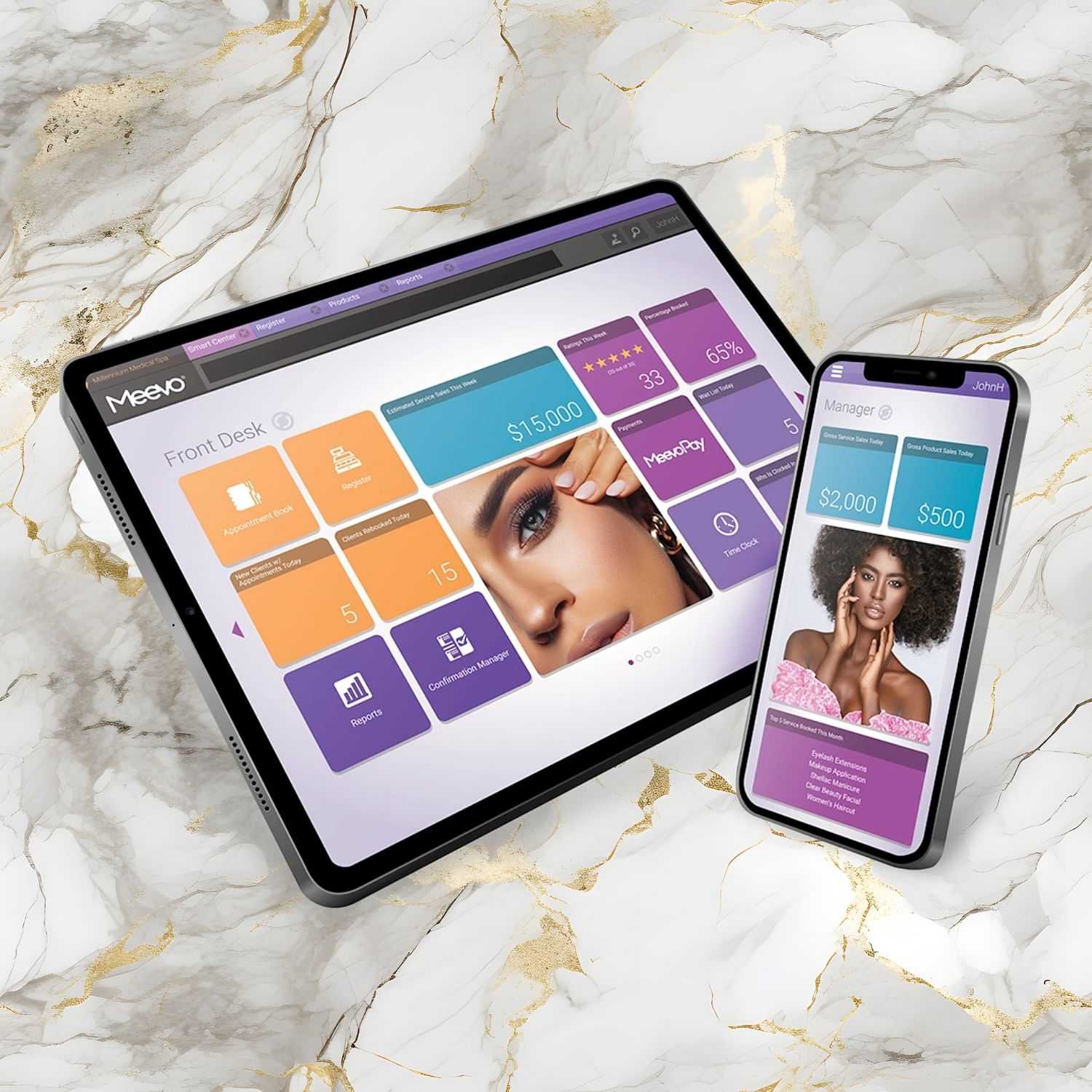 Tablet and smartphone displaying beauty salon management software interface.