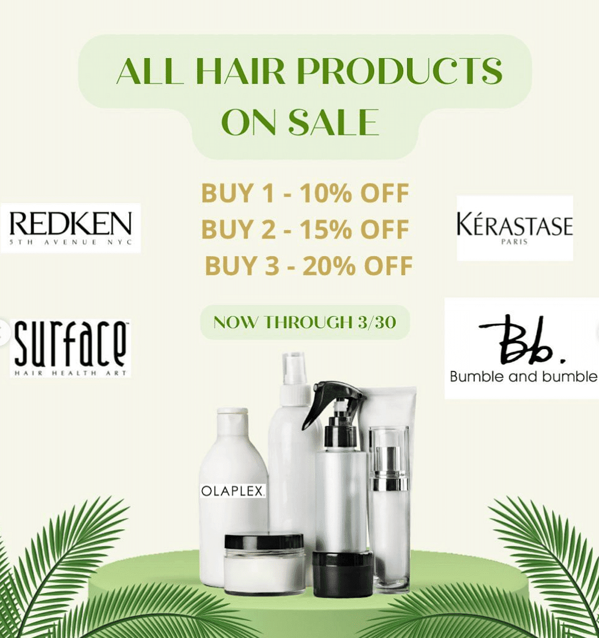 Sale on hair products with tiered discounts, surrounded by palm leaves.
